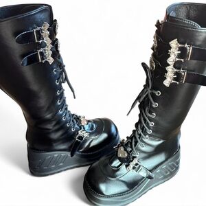 Black Platform Lace-Up Boots with Silver Bats Buckles
